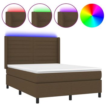 Cama Box Spring Colchón Luces Led Tela Marrón Oscuro 140x190 Cm