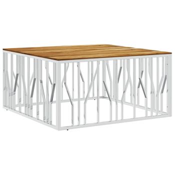 Mesa De Centro Acero Inoxidable Y Madera Maciza Acacia Plateado