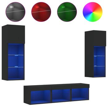 Muebles De Tv De Pared Con Led 5 Piezas Madera Ingeniería Negro