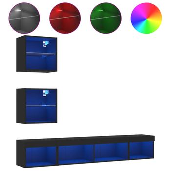 Muebles De Tv De Pared Con Led 5 Piezas Madera Ingeniería Negro