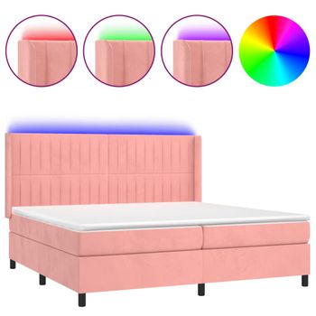 Cama Box Spring Colchón Y Led Terciopelo Rosa 200x200 Cm