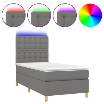 Cama Box Spring Colchón Y Luces Led Tela Gris Oscuro 90x190 Cm