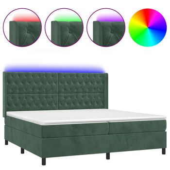 Cama Box Spring Colchón Y Led Terciopelo Verde Oscuro 200x200cm