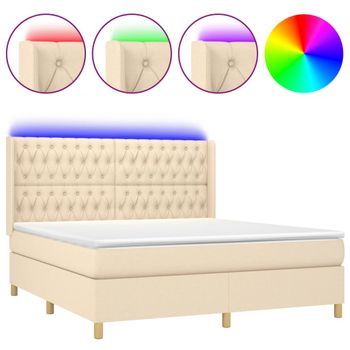 Cama Box Spring Colchón Y Luces Led Tela Crema 180x200 Cm