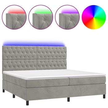 Cama Box Spring Colchón Y Led Terciopelo Gris Claro 200x200 Cm