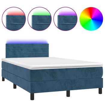 Cama Box Spring Colchón Y Led Terciopelo Azul Oscuro 120x190 Cm