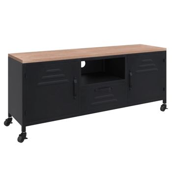 Mueble Tv Hierro Y Madera Maciza De Abeto Negro 110x30x43 Cm