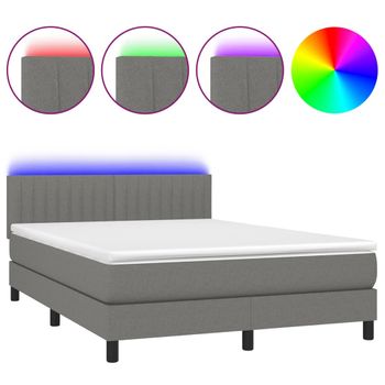 Cama Box Spring Colchón Y Luces Led Tela Gris Oscuro 140x190 Cm