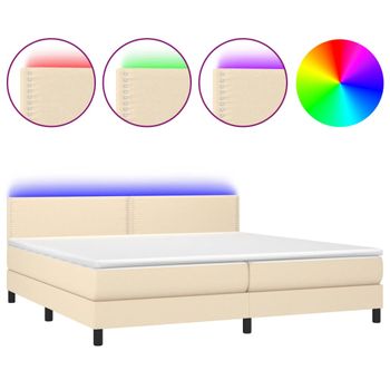 Cama Box Spring Colchón Y Luces Led Tela Crema 200x200 Cm