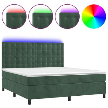 Cama Box Spring Colchón Y Led Terciopelo Verde Oscuro 180x200cm