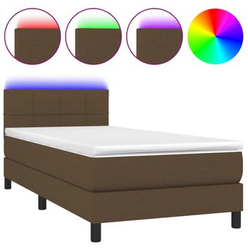 Cama Box Spring Colchón Y Luces Led Tela Marrón Oscuro 90x190cm