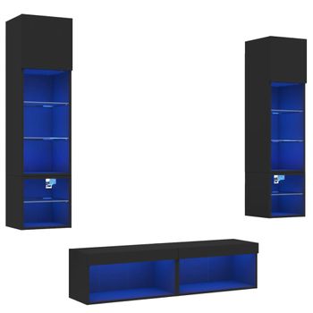 Muebles De Tv De Pared Con Led 6 Piezas Madera Ingeniería Negro