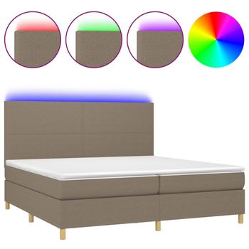 Cama Box Spring Colchón Y Luces Led Tela Gris Taupe 200x200 Cm