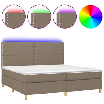 Cama Box Spring Colchón Y Luces Led Tela Gris Taupe 200x200 Cm