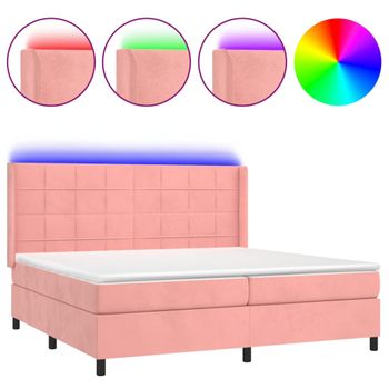 Cama Box Spring Colchón Y Led Terciopelo Rosa 200x200 Cm