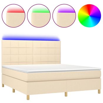 Cama Box Spring Colchón Y Luces Led Tela Crema 180x200 Cm