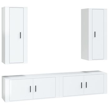 Set De Muebles De Tv 4 Piezas Madera Contrachapada Blanco Brillo