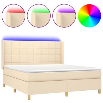 Cama Box Spring Colchón Y Luces Led Tela Crema 180x200 Cm