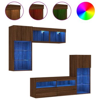 Muebles Tv Pared Con Led 5 Piezas Madera Ingeniería Marrón Roble