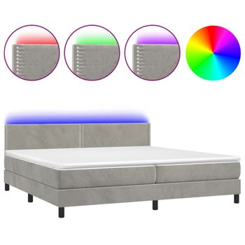 Cama Box Spring Colchón Y Led Terciopelo Gris Claro 200x200 Cm