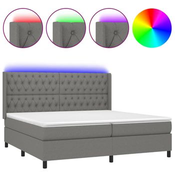 Cama Box Spring Colchón Y Luces Led Tela Gris Claro 200x200 Cm