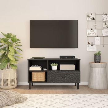 Mueble De Tv Madera Maciza De Mango Negro 80x33x46 Cm