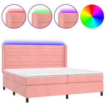 Cama Box Spring Colchón Y Led Terciopelo Rosa 200x200 Cm