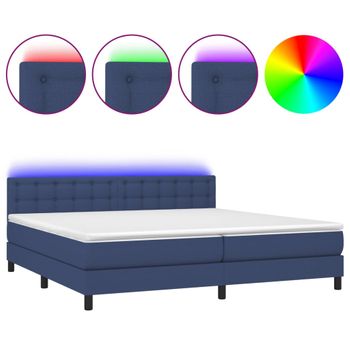 Cama Box Spring Colchón Y Luces Led Tela Azul 200x200 Cm