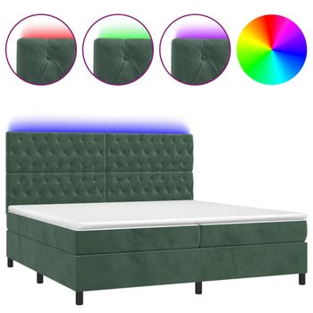 Cama Box Spring Colchón Y Led Terciopelo Verde Oscuro 200x200cm