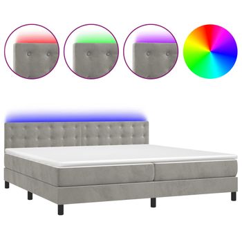 Cama Box Spring Colchón Y Led Terciopelo Gris Claro 200x200 Cm