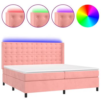 Cama Box Spring Colchón Y Led Terciopelo Rosa 200x200 Cm