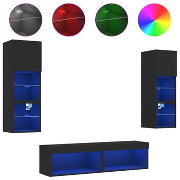 Muebles De Tv De Pared Con Led 6 Piezas Madera Ingeniería Negro