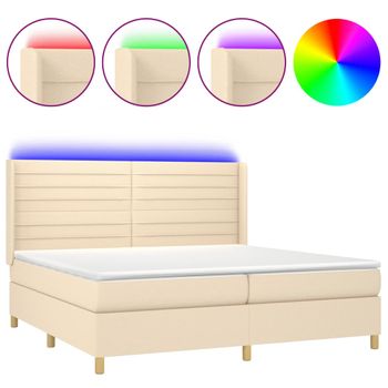 Cama Box Spring Colchón Y Luces Led Tela Crema 200x200 Cm