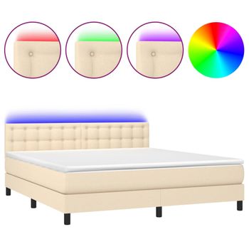 Cama Box Spring Colchón Y Luces Led Tela Crema 160x200 Cm