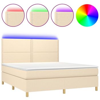 Cama Box Spring Colchón Y Luces Led Tela Crema 160x200 Cm