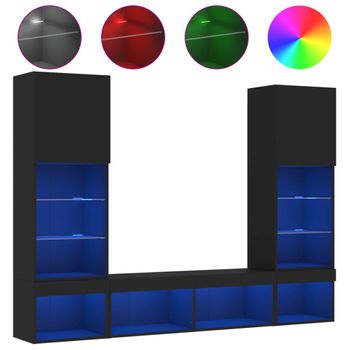 Muebles De Tv De Pared Con Led 5 Piezas Madera Ingeniería Negro