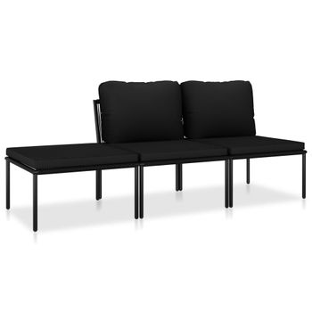 Juego De Muebles De Jardín 3 Piezas Con Cojines Pvc Negro