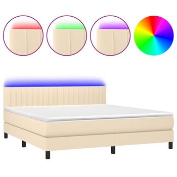 Cama Box Spring Colchón Y Luces Led Tela Crema 160x200 Cm