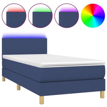 Cama Box Spring Colchón Y Luces Led Tela Azul 100x200 Cm