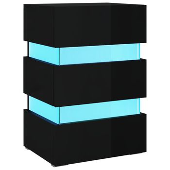 Mesita De Noche Led Madera Ingeniería Negro Brillo 45x35x67 Cm