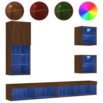 Muebles Tv Pared Con Led 5 Piezas Madera Ingeniería Marrón Roble