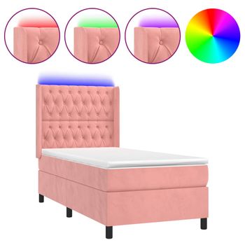 Cama Box Spring Colchón Y Led Terciopelo Rosa 90x200 Cm