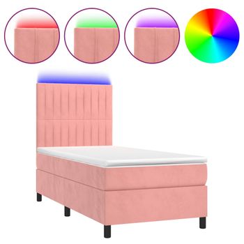 Cama Box Spring Colchón Y Led Terciopelo Rosa 90x200 Cm