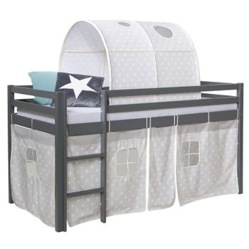 Cama Semi-alta 90x200cm Con Escalera De Madera Gris Con Tejido De Estrellas Y Túnel Lit06178