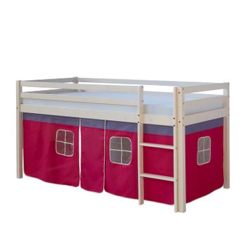 Cama Semi-alta Para Niños 90x200cm Con Escalera De Madera Lacada En Blanco Y Lona Rosa Incluida Lit06012