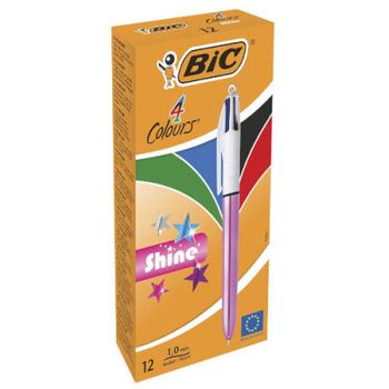 Pack 12 Boligrafos De 4 Colores Shine 1mm Con Cuerpo Rosa Metálico Bic 951352