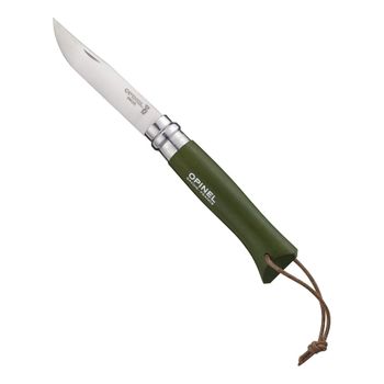 Navaja Trekking Opinel Nº08 Color Caqui, Ideal Para Acampada Y Senderismo, Con Enlace De Cuero, Hoja De Acero Inoxidable De 8 Cm, 001703