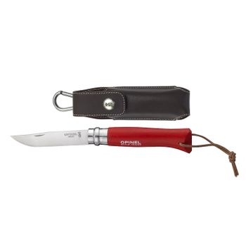 Navaja Trekking Opinel Nº08 Color Rojo + Funda, Ideal Para Acampada Y Senderismo, Hoja De Acero Inoxidable De 8 Cm, Con Enlace De Cuero, 001890