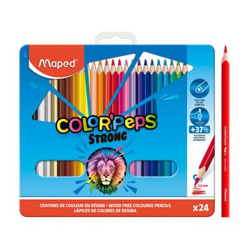 Maped – Lápices De Colores Strong Color'peps – 24 Lápices De Colorear Ultra Resistentes Y Ergonómicos – Caja De Metal De 24 Lápices De Resina