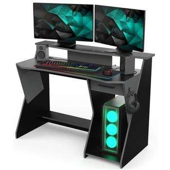 Mesa Gaming Skin Color Gris Y Negro 1 Soporte Para Cascos Escritorio Gamer Ordenador Mueble 90x124x60 Cm